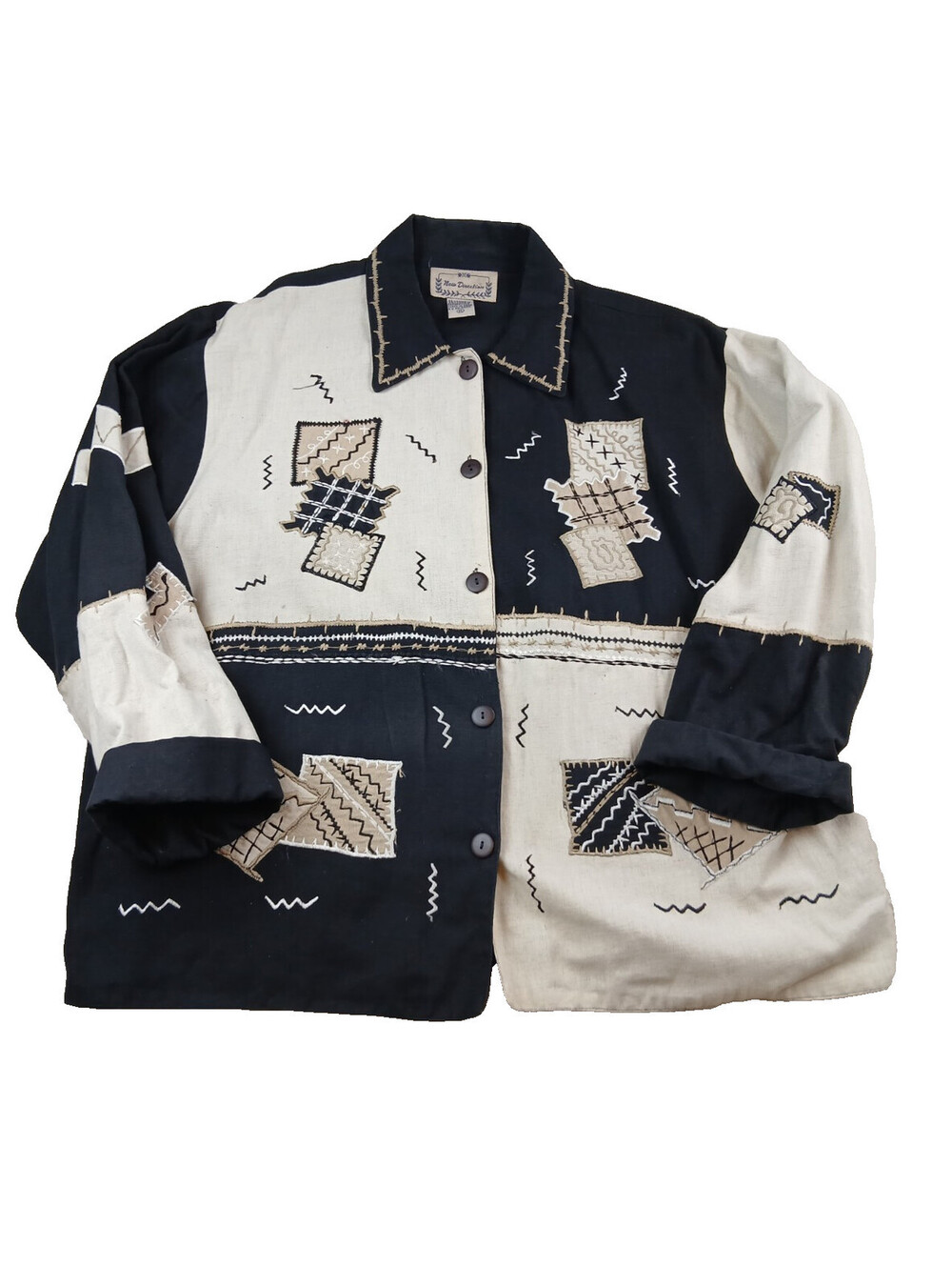 New Direction Patchwork Black Beige Block color Button up Jacket Embroidered XL